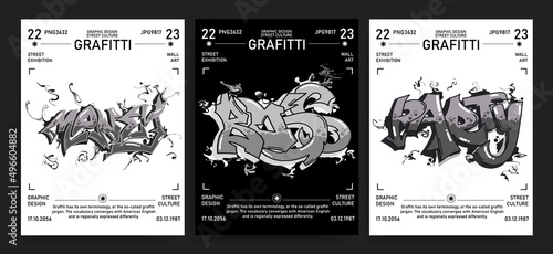 Collection of trendy vector posters with graffiti and splatter elements on isolated background