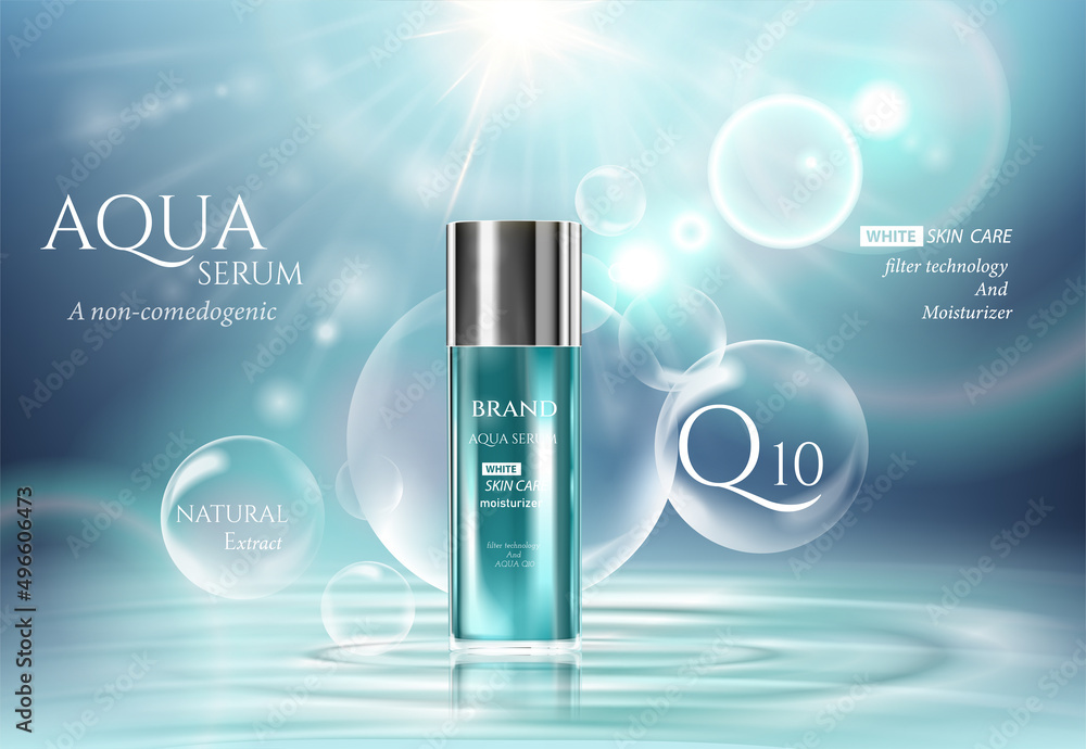 Aqua skin care cosmetic ad promoting poster template. Underwater  blue sunlight ray bubble vector and deep sea realistic background 3d illustration. - obrazy, fototapety, plakaty 
