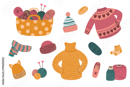 Knitting set. Craft and handmade needlework design elements. Basket with ball of yarn, tools and knitted clothes. Vector flat illustration, isolated, cartoon, clipart.