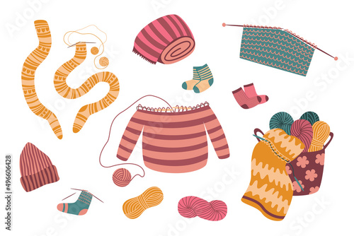 Knitting set. Craft and handmade needlework design elements. Basket with ball of yarn, tools and knitted clothes. Vector flat illustration, isolated, cartoon, clipart.
