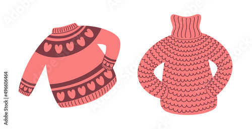 Set of cozy pink knitted sweateres. Warm clothing isolated on white background. Flat vector cartoon illustration, clipart.