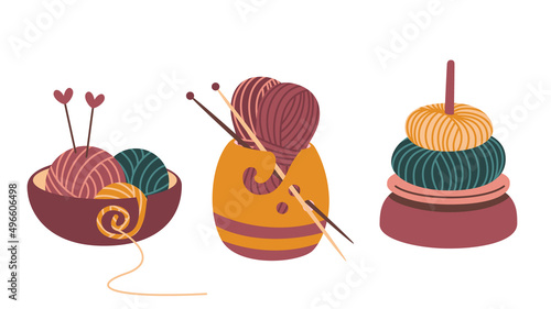 Set of colorful wool yarn skeins and knitting needles in a cute yarn bowles. Vector flat illustration, isolated, cartoon, clipart.