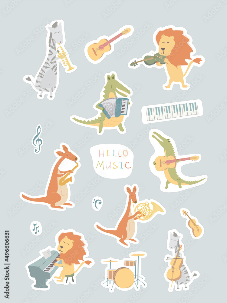 set of hand drawn stickers with animals for kids (music theme)