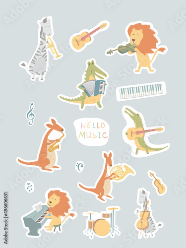 set of hand drawn stickers with animals for kids (music theme)