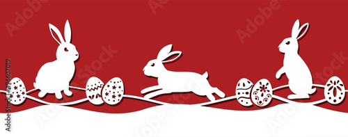 Bunny and Easter eggs on meadow. White seamless border for cut card. Vector illustration