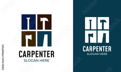 Carpenter tools logo design with ax, handsaw, hammer, and nail icon