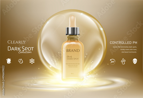 Gold serum essence oil bottle on bubble liquid effect background. Premium skincare treatment ad concept template. Vector gold water gold bubbles. 3D illustration