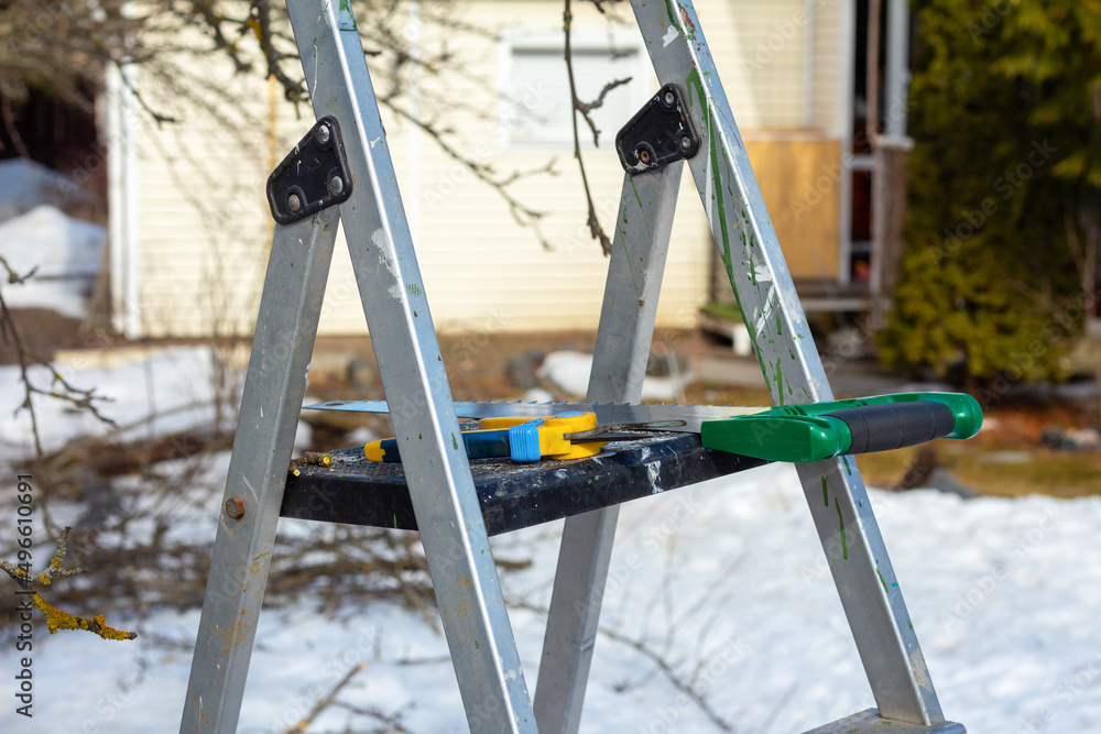 Hand saw and garden pruner on a ladder Hand saw and garden pruner on a ladder