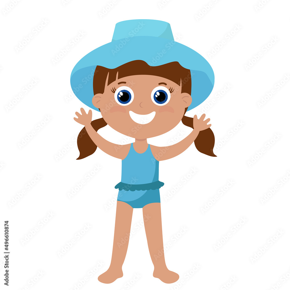 Little cute girl is standing in panama and swimsuit. Summer holiday child cartoon style. Vector illustration isolated on white background. Mood of happiness and joy.