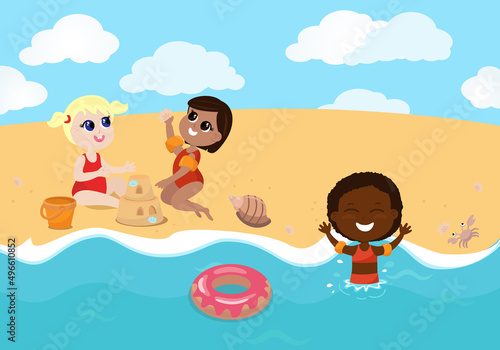 Children of different nationalities play on the beach, the girls built a sand castle and decorate it. The child swims in the sea in armlets and with an inflatable ring. All children are happy at sea.