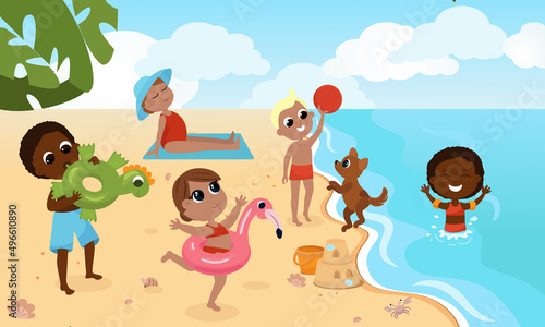 Children play on the beach, swim, run to the water, frolic with the dog. Summer vacation in cartoon style near the sea. Happy childhood. 