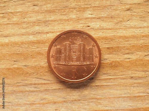 1 cent coin showing Castel del Monte, currency of Italy, EU