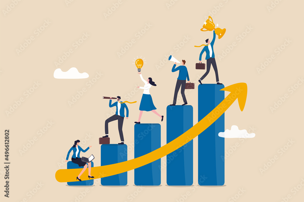 Business development plan for improvement, teamwork help growing revenue, growth and achievement, team strategy for business success concept, business people team working on improve bar graph. - obrazy, fototapety, plakaty 