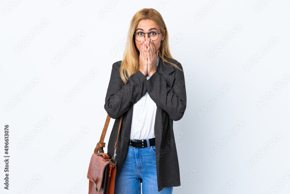 Business Uruguayan woman over isolated white background with surprise facial expression Business Uruguayan woman over isolated white background with surprise facial expression