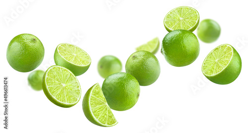 Valokuva Flying lime fruits, isolated on white background
