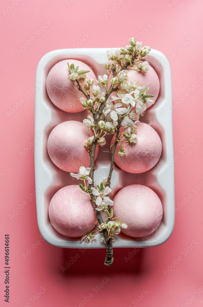 Pink Easter eggs in white egg holder with white cherry blossom  on pink background. Seasonal springtime setting. Top view.
