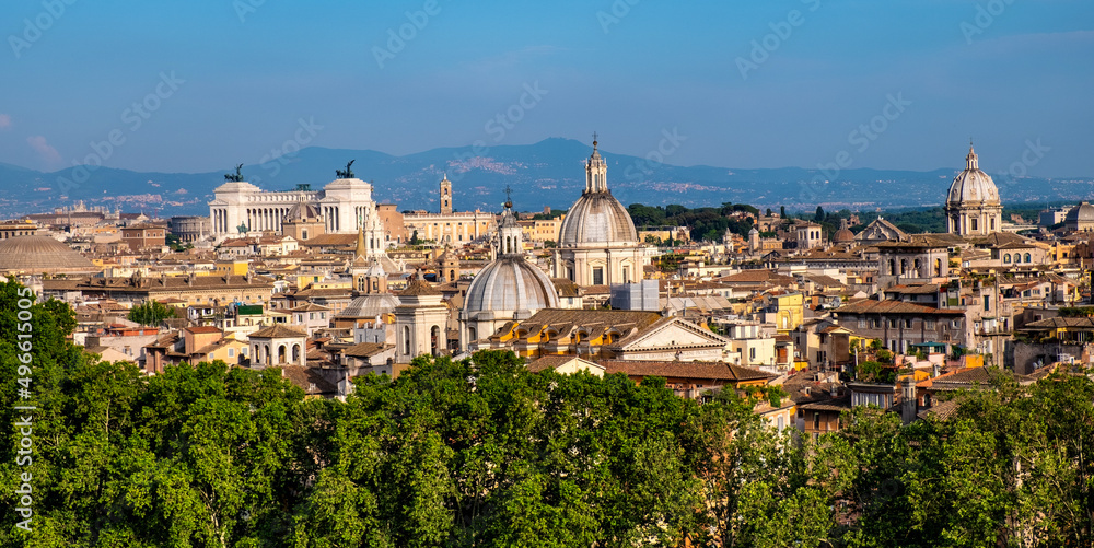 Panorama of historic center of Rome in Italy with Altare della Patria monument, Pantheon, Colosseum, Palatine and Capitoline hill