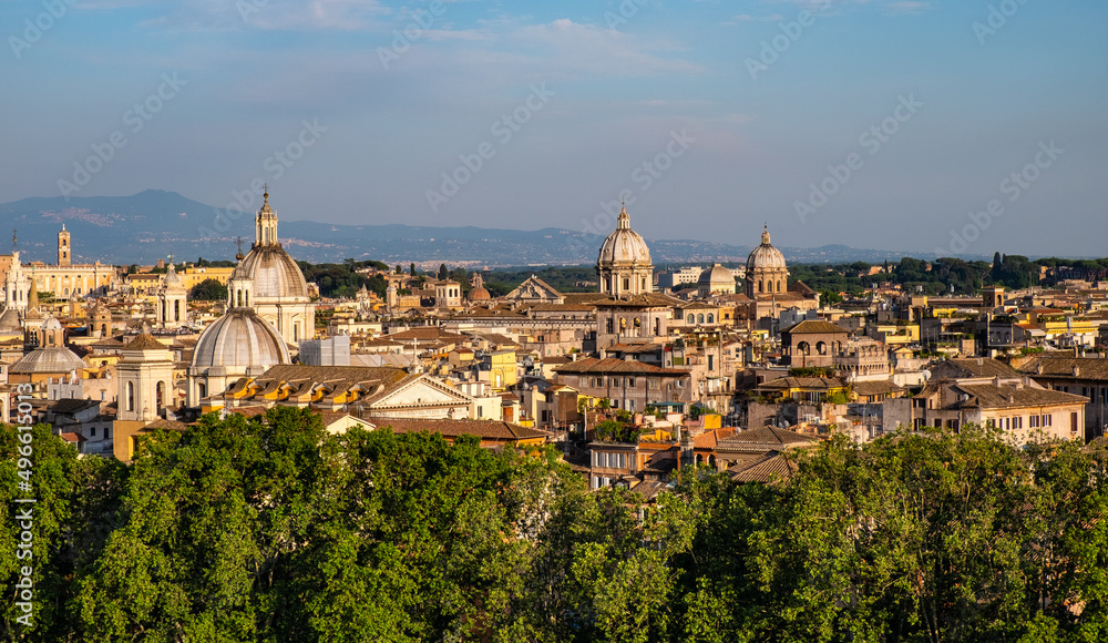 Panorama of historic center of Rome in Italy with Altare della Patria monument, Pantheon, Colosseum, Palatine and Capitoline hill