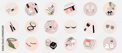 Instagram social media story highlight icons and stickers for beauty, make up, spa salon content. minimal simple feminine logo, design element template in pink pastel colors. vector illustration
