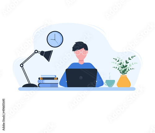 Flat vectot illustratino of a man in glasses working from home at a laptop  photo