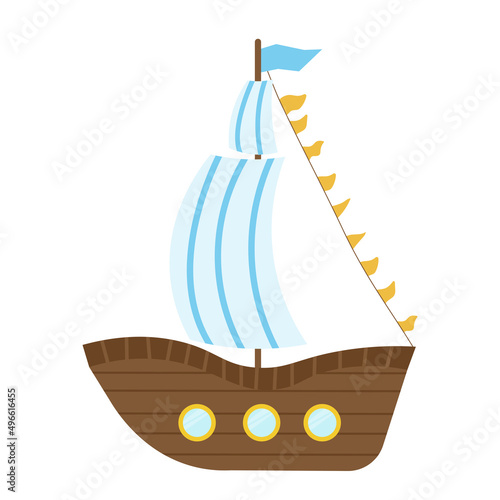 Cartoon ship with a blue sail and yellow flags