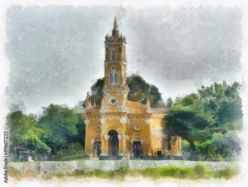 Fotografija landscape of yellow ancient christ church watercolor style illustration impressionist painting