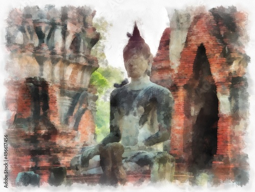 Landscape of ancient ruins in Ayutthaya World Heritage watercolor painting impressionist painting.