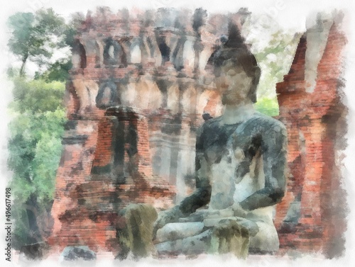 Landscape of ancient ruins in Ayutthaya World Heritage watercolor painting impressionist painting. © Kittipong