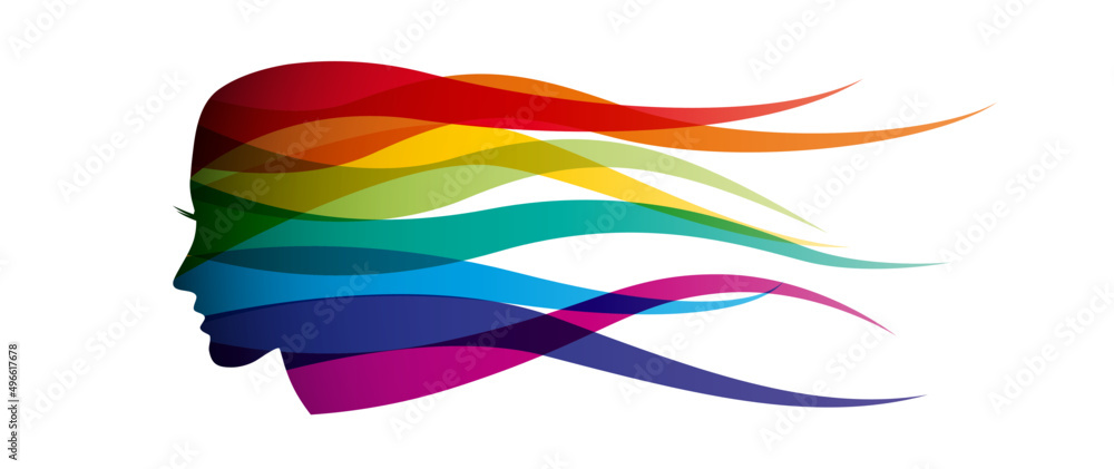 Girl run fast in the wind. Female head in silhouette with rainbow colored hair. Vector template Girl run fast in the wind. Female head in silhouette with rainbow colored hair. Vector template