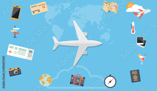 Flat design icons, air holidays background. Plane flying over the earth map. Vector pattern