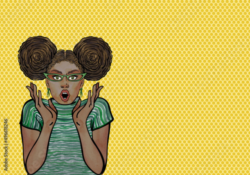 Wow pop art girl in green glasses. Sexy surprised young african woman with open mouth and afro hairstyle. Yellow background