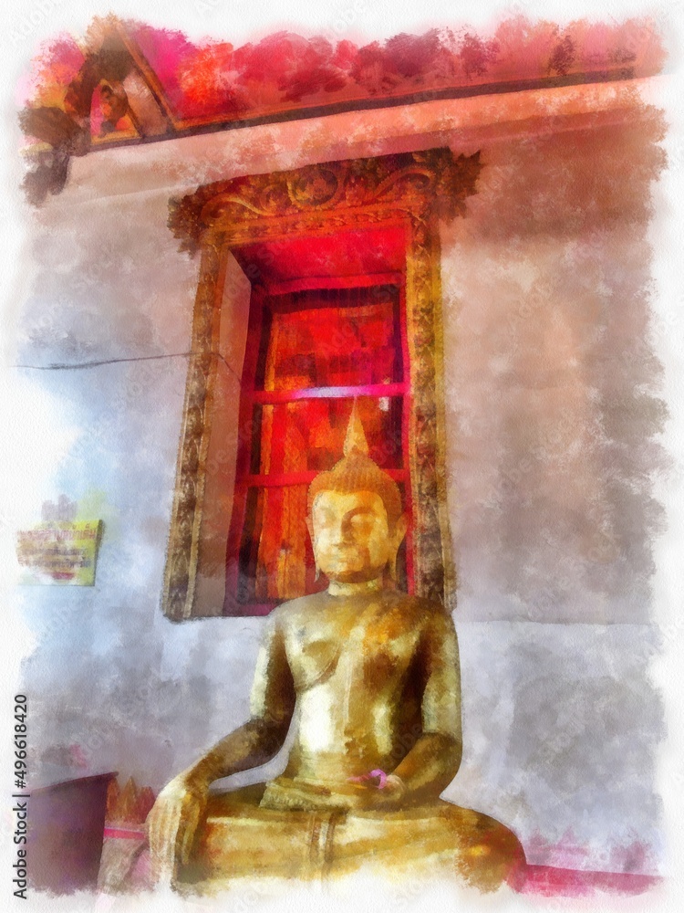 Obraz premium buddha statue watercolor style illustration impressionist painting.