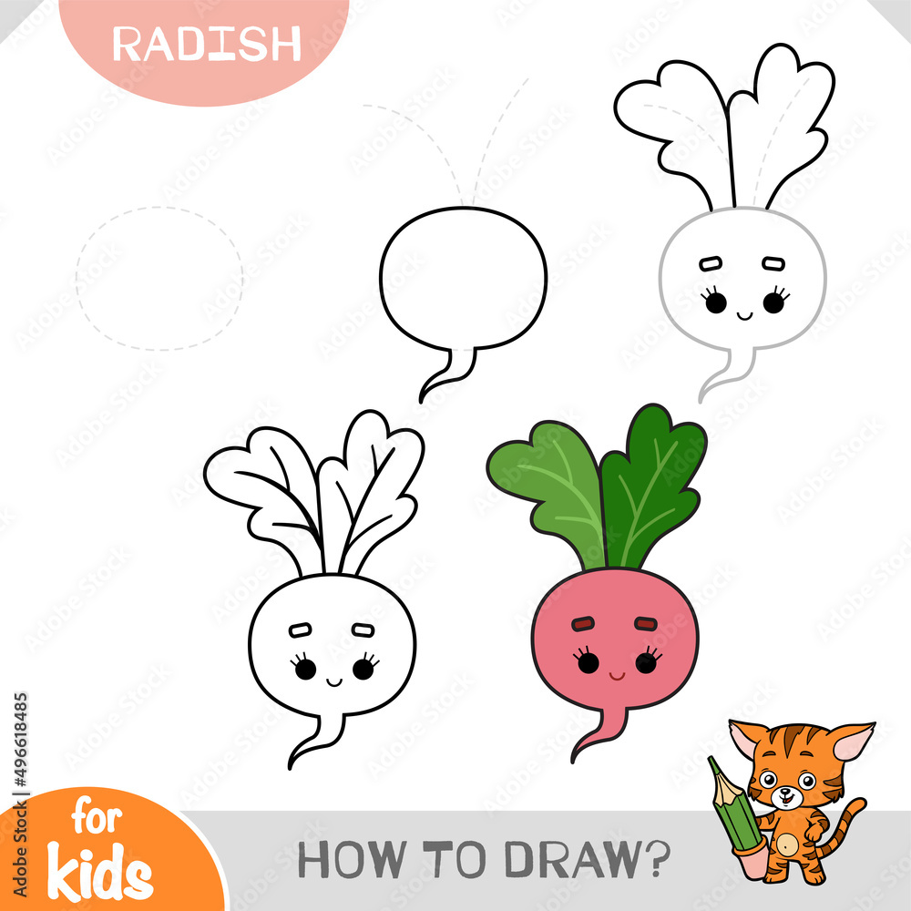 How to draw Radish for children. Step by step drawing tutorial. Stock