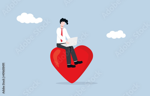 Work passion, favorite job, work without stress and pressure, or happiness when your dream work come true concept. Cheerful businessman sit on giant heart for doing job.