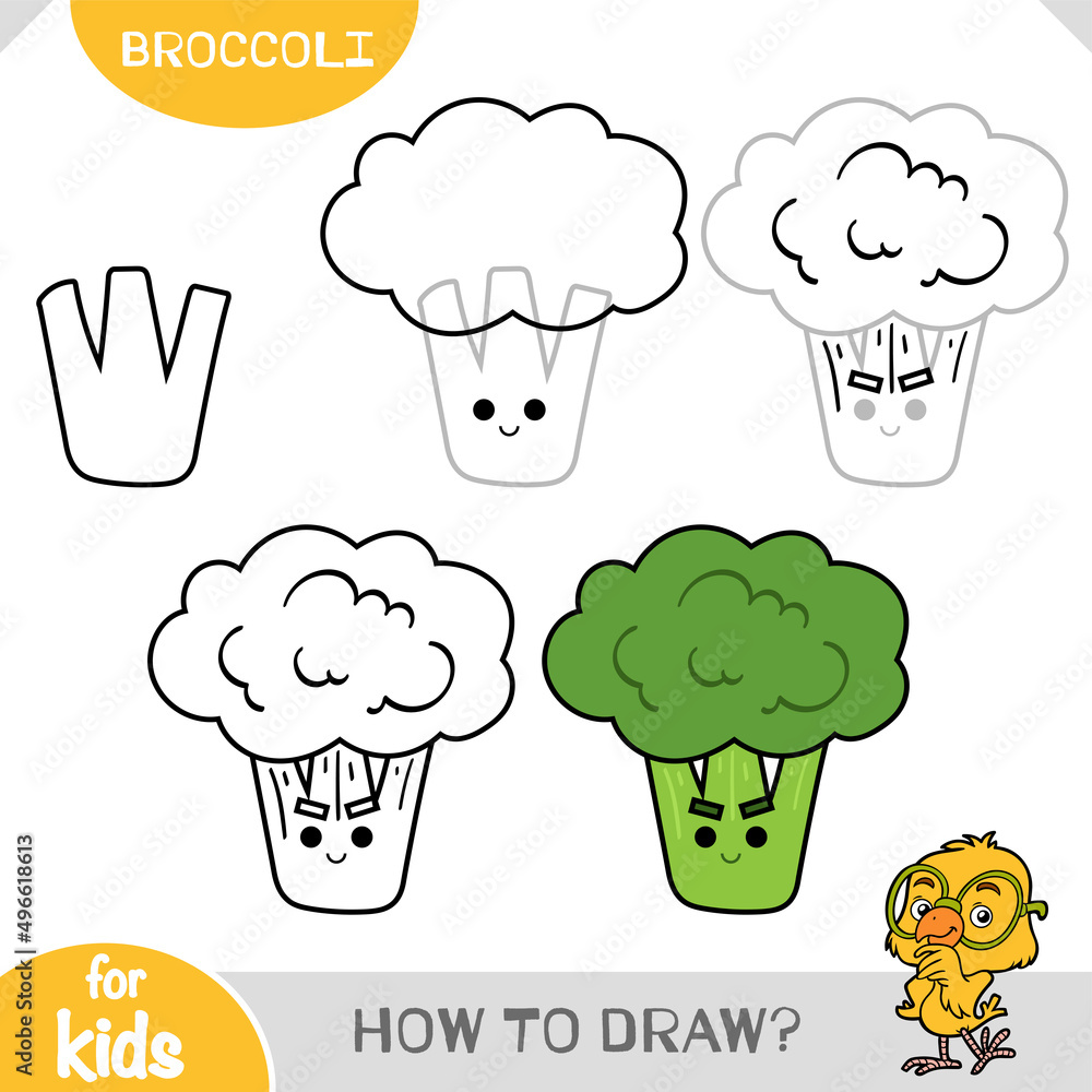How to draw Broccoli for children. Step by step drawing tutorial Stock