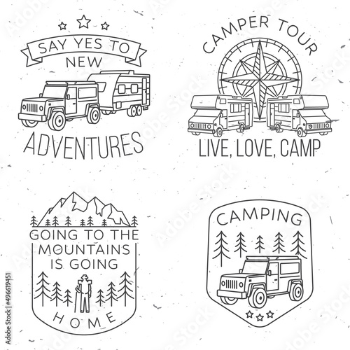 Set of camping badges, patches. Camper tour. Live, love, camp. Camping quote. Vector illustration. Concept for shirt or logo, print, stamp or tee. Vintage line art design with 3d camper van, wind rose