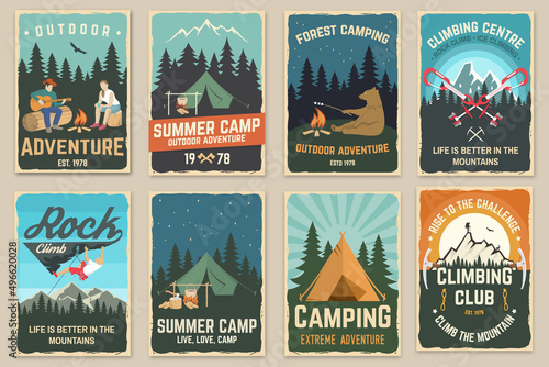 Set of camping retro posters. Vector illustration. Vintage typography design with climber, bear and campfire, carabiners, climbing cams, hexes, camper tent, axe, mountain, man with guitar.