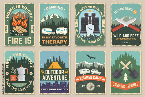 Set of camping retro posters. Vector illustration. Concept for shirt or logo, print, stamp or tee. Design with campfire, mountains, coffee, knife, mountains, deer, binoculars and forest silhouette.