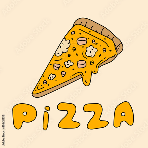 Pizza maker. The inscription with a slice of pizza and cheese. A poster with doodles of pizza ingredients in color and the word Pizza. An emblem for a pizzeria. Vector illustration