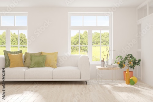 White living room with sofa and summer landscape in window. Scandinavian interior design. 3D illustration