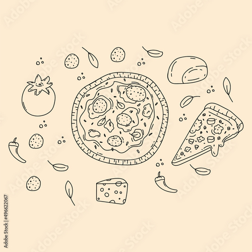 Pizza maker doodle background. A pattern with pizza slices. Cheese, pizza, and doodle-style pizza ingredients. Vector illustration
