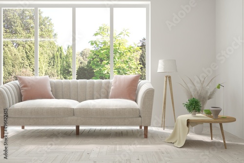 White living room with sofa and summer landscape in window. Scandinavian interior design. 3D illustration