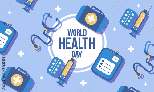 World Health Day banner background, observed on April 7 every year to celebrated global health awareness day. Medical icon set vector illustration.