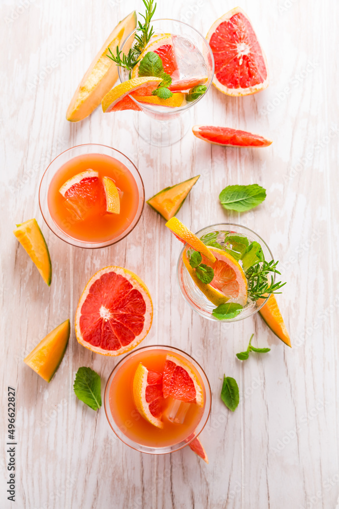 Grapefruit and cantaloupe juice with fresh melon and basil.