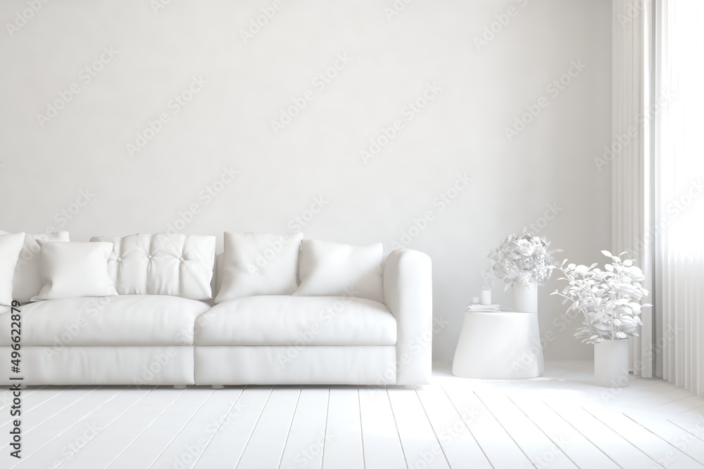 Fototapeta premium Mock up of stylish room in white color with sofa. Scandinavian interior design. 3D illustration