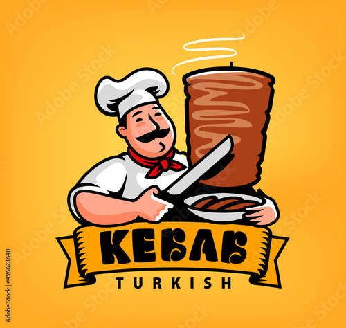 Chef cooking kebab. Arabic cuisine logo. Fast food menu emblem