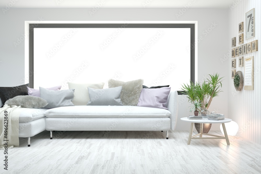 Fototapeta premium White living room with sofa. Scandinavian interior design. 3D illustration