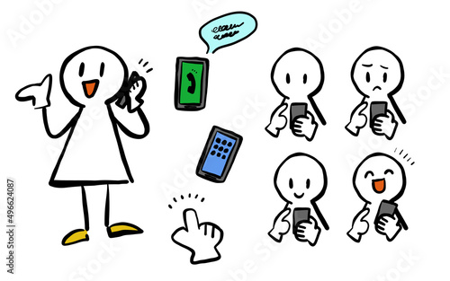 とてもシンプルな人物がスマートフォンを使用しているイラストセット
