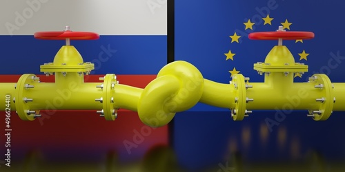 Gas conflict between Russia and EU. Fuel pipeline with a knot. 3d render photo