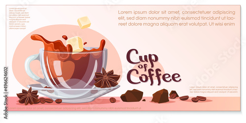 Coffee cup with inscription "Cup of coffee", and beans of coffee, star anise and chocolate around. Banner for Coffee shop, barista, drink concept. Vector illustration for poster, flyer, menu, landing.